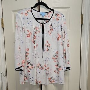 CeCe White Floral Tie-Front Blouse with Black Trim